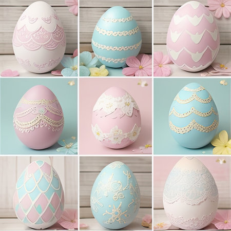 Collage of easter eggs on wooden background. Happy Easter concept, pastel coloursの素材