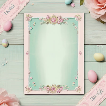 Easter frame with eggs and flowers on turquoise wooden backgroundの素材