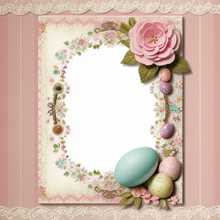 Easter greeting card with eggs, flowers and lace on pink background, templateの素材