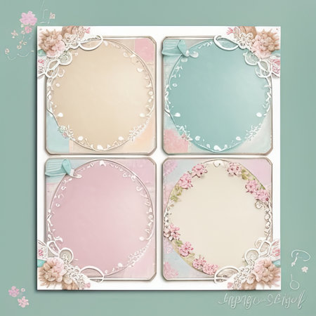 Vintage empty tamplate greeting card with flowers and ribbons in pastel colorsの素材