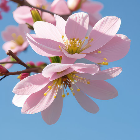 pink sakura flower on blue sky background, shallow dofの素材