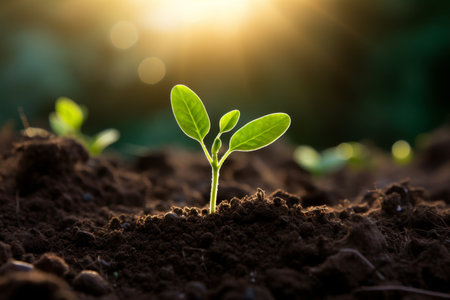 Green seedling illustrating concept of new life and nature growing from seedの素材