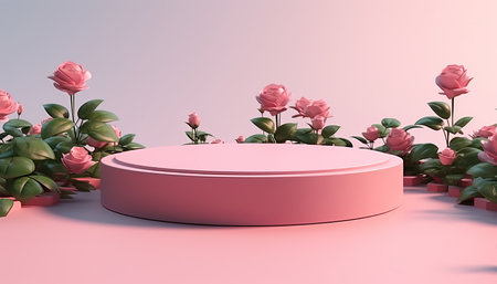 3d, Minimalist pink round podium for cosmetic presentation, with garden roses lying on the sides of it, sky background, valentine, easterの素材