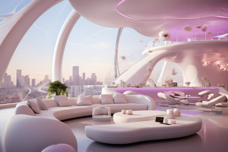 3d rendering of a modern living room with a panoramic city viewの素材
