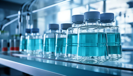 Laboratory glassware with blue liquid, science laboratory research and development conceptの素材