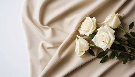 Beautiful white roses on beige satin fabric, top viewの素材