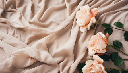 top view of beautiful roses on beige silk fabric, flat layの素材