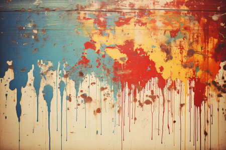 Colorful paint splashes on old wooden background. Grunge style.の素材