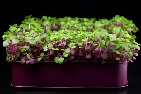 Microgreens in black container on table - diet and healthy eating, sprouts on white backgroundの素材