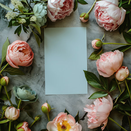 Creative layout made of peony  flowers and blank paper sheet. Flat lay, top view, copy space. Floral background.の素材