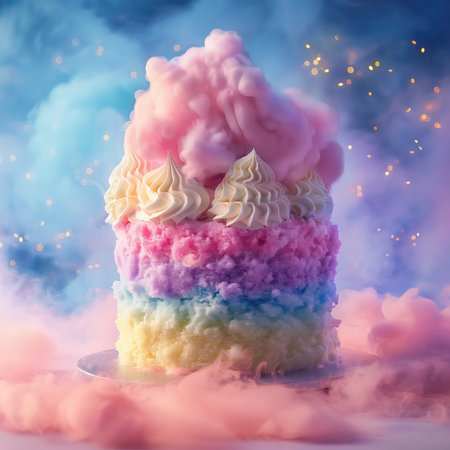Birthday rainbow cake with colorful cream and clouds in the sky. 3D renderingの素材