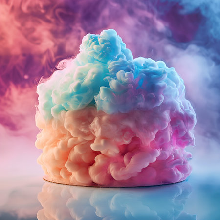 Birthday rainbow cake with colorful cream and clouds in the sky. 3D renderingの素材