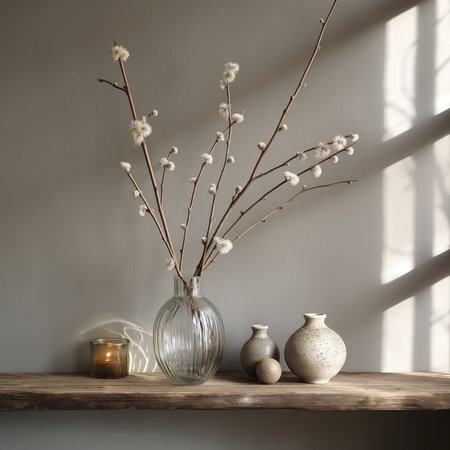 Vase with willow branches and burning candle on wooden shelf against white wallの素材