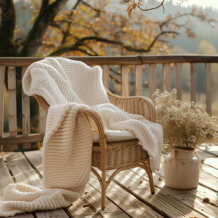 Warm knitted plaid on wooden terrace in morning sunlightの素材