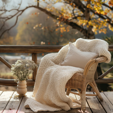 Wicker chair with knitted plaid and pillow on terrace in autumn gardenの素材