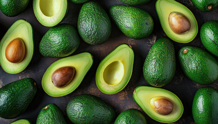 Vibrant avocado background. Top view of fresh green avocados. Pattern with fresh sliced avocados. Perfect for banners and wallpapers.の素材