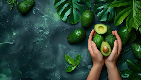 Female hands holding fresh ripe avocados on green background. Top view with copy space, wallpaper, patternの素材