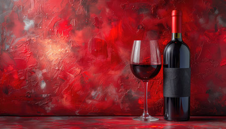 Bottle and glass of red wine on a red background. Copy space for textの素材