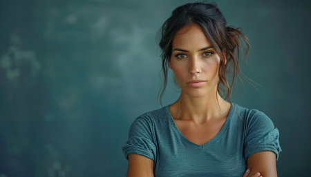 Portrait of a beautiful young woman with long hair looking at camera. Banner with copy space for textの素材