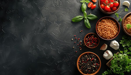 Various spices and vegetables on black background, top view. Space for textの素材