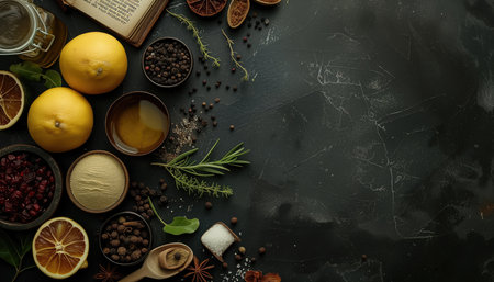 spices and herbs on a dark background, top view, copy spaceの素材