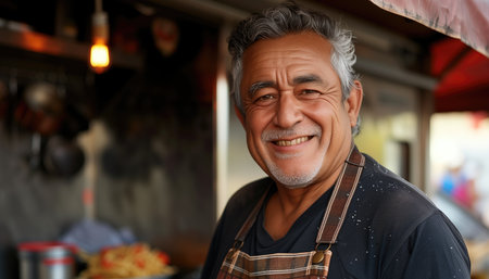 Smiling asian old man wearing apron and looking at cameraの素材
