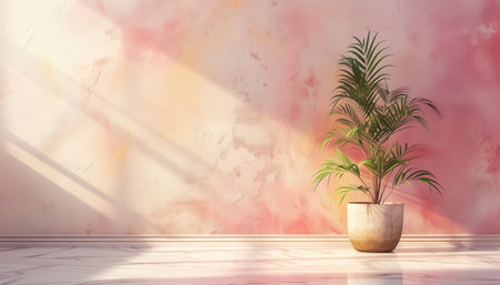 3D rendering of a living room with a palm tree in a potの素材