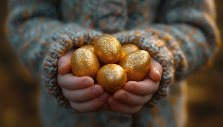 Golden eggs in the hands of a child. Selective focus. Holiday.の素材