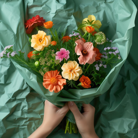 Flower bouquet in woman's hands. Flat lay, top viewの素材