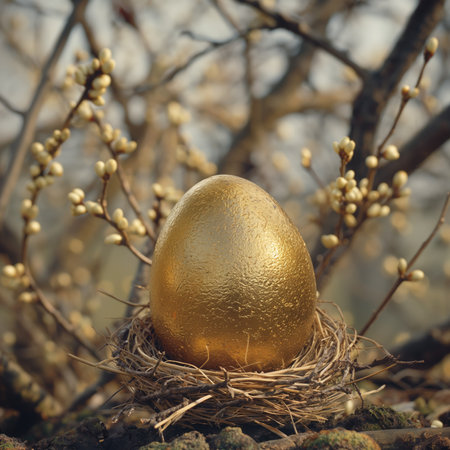 Golden egg in the nest on a background of spring branches. Easter concept.の素材