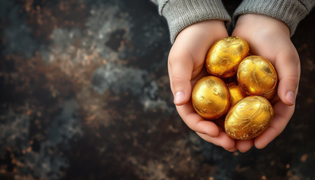 Hands holding golden easter eggs on rustic background with copy spaceの素材