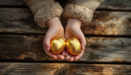 Hands holding golden easter eggs on rustic wooden background.の素材
