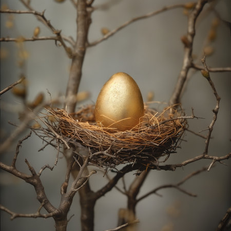 Golden egg in a nest on a tree branch. Easter concept.の素材