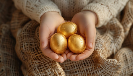Child holding golden eggs on fabric background, closeup. Happy Easterの素材