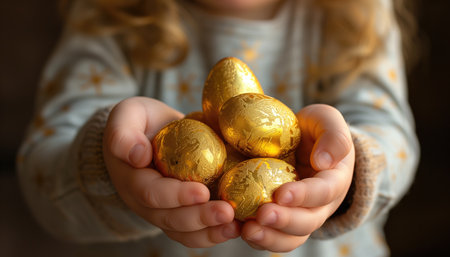Little girl holding golden eggs on dark background, closeupの素材