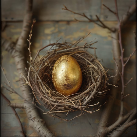 Golden egg in a bird's nest on a rustic wooden backgroundの素材