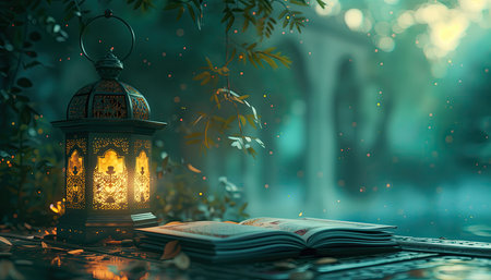 Lantern and book on the table. Ramadan Kareem backgroundの素材