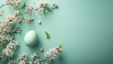 Easter eggs and spring flowers on green background. Top view, flat lay, copy spaceの素材