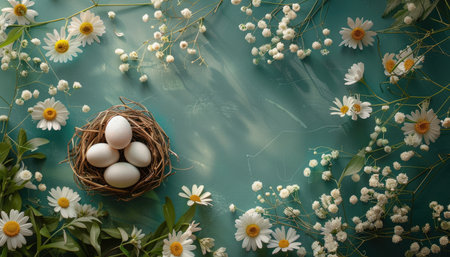 Easter eggs in a nest with daisies and chamomiles on a green background, copy spaceの素材