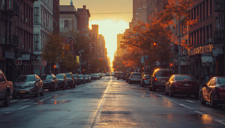 Sunset in the city. Street view with cars and buildings.の素材