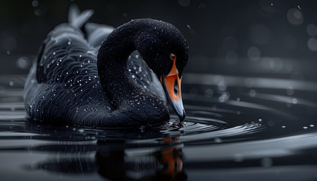 Black background. Black swan swimming in the water on a dark background. 3d renderの素材