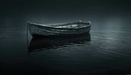 Still black wallpaper. Fishing boat on the lake in the fog. 3D renderingの素材