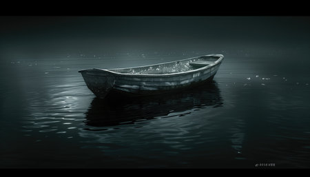 Still black wallpaper. Fishing boat in the water. 3d illustration. Black and white.の素材