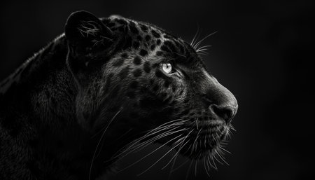 Black and white portrait of a leopard on a black background.の素材