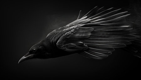 Black wallpaper. Black crow flying in the dark. Black and white image. 3dの素材