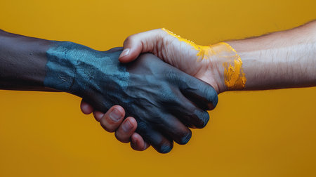 Handshake of two people on a yellow background. Close-up.の素材