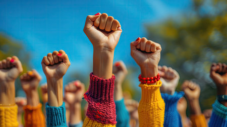 View of hands with fists up for womens day celebrationの素材
