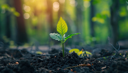 Young green sprout growing from soil in the forest, Ecology conceptの素材