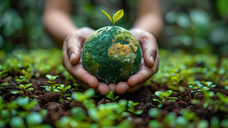 Human hands holding green earth globe with sprout growing out of soilの素材