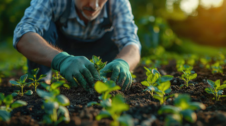 Farmer working in the garden, planting seedlings in the groundの素材